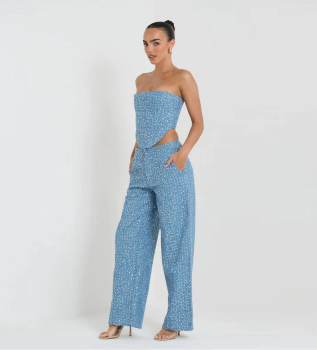 Metallic Denim Strapless Two-Piece