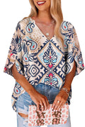 Slitted Short Sleeve V-Neck Blouse